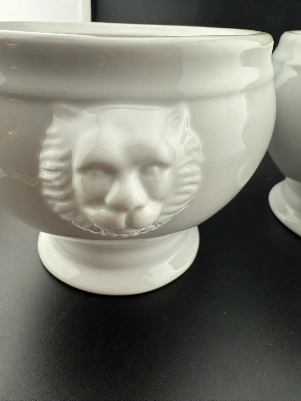 2 Sur La Table lion head handles soup bowls. Large. White porcelain. 38 oz
